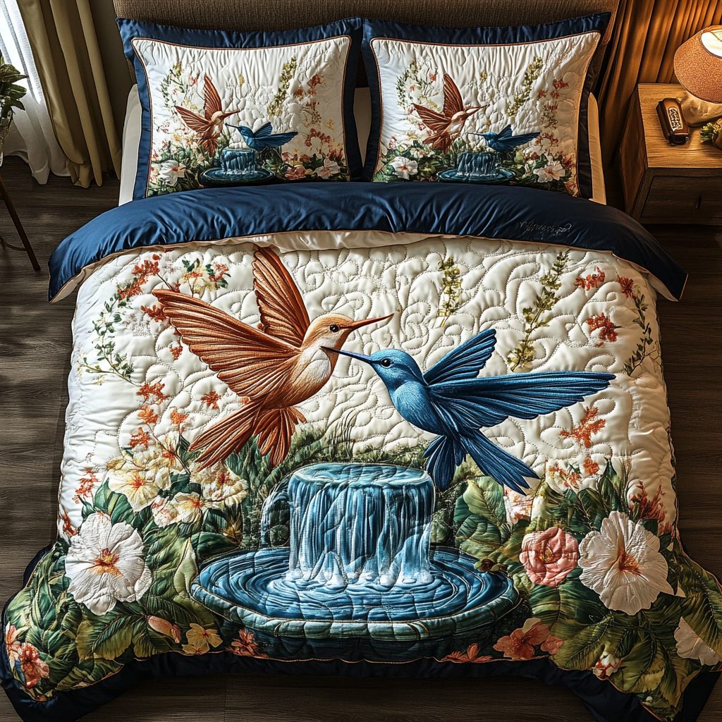 Humming Haven quilted 3-piece bedding set on a made bed with two matching pillow shams