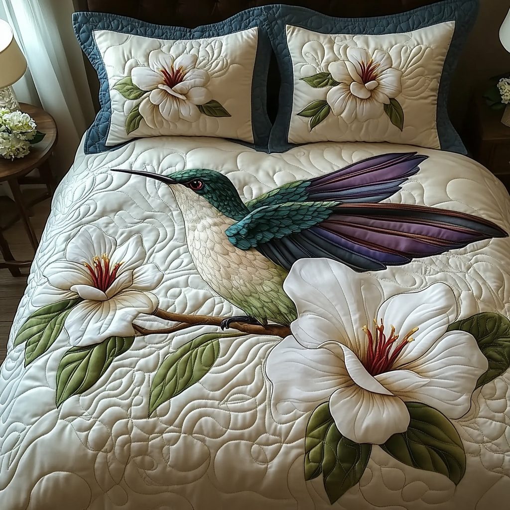 Hummingbird Bloom quilted 3-piece bedding set on a made bed with two matching pillow shams
