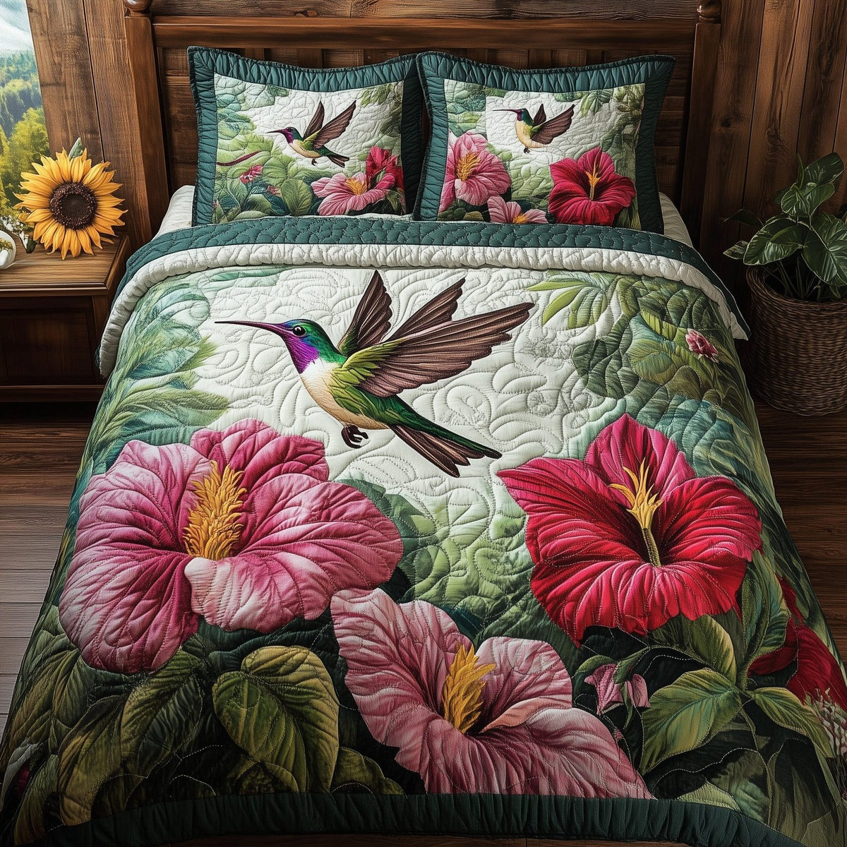 Hummingbird Blossom Realm quilted 3-piece bedding set on a made bed with two matching pillow shams