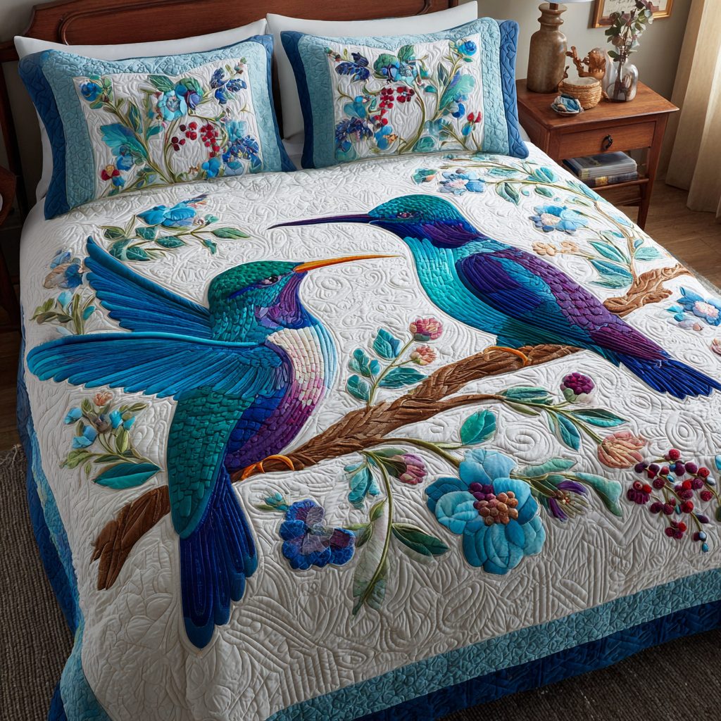 Hummingbird Delight quilted 3-piece bedding set on a made bed with two matching pillow shams