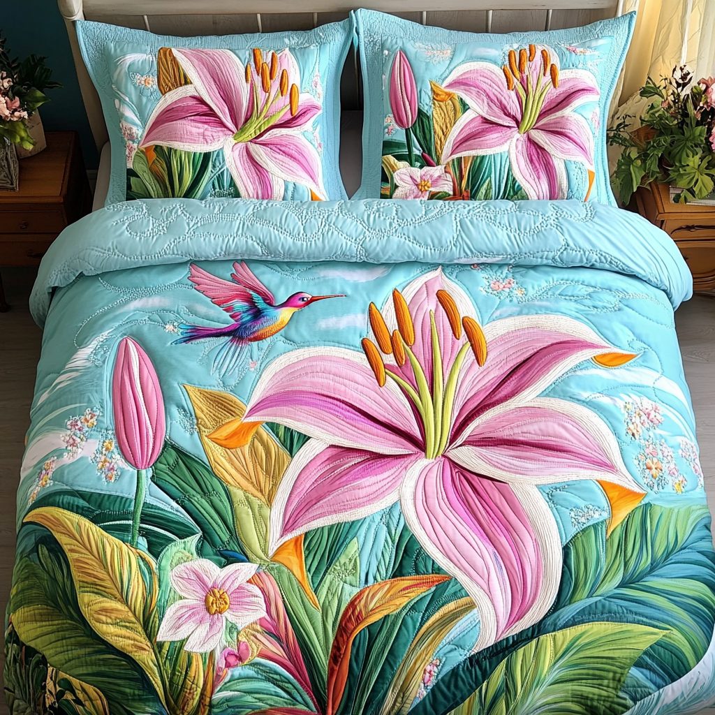 Hummingbird Delight quilted 3-piece bedding set on a made bed with two matching pillow shams