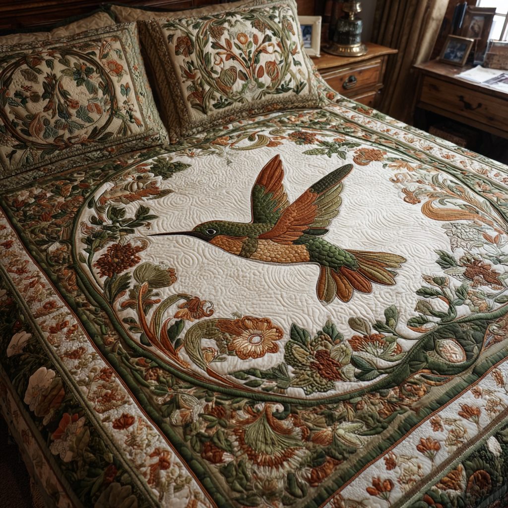 Hummingbird Dream quilted 3-piece bedding set on a made bed with two matching pillow shams