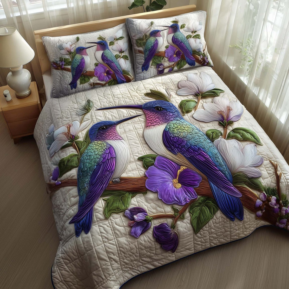 Hummingbird Embrace quilted 3-piece bedding set on a made bed with two matching pillow shams