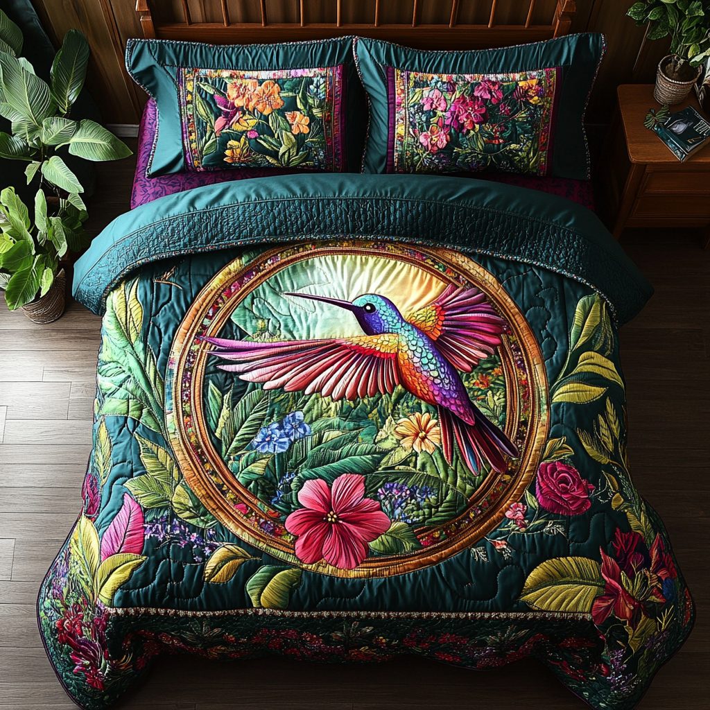 Hummingbird Flight quilted 3-piece bedding set on a made bed with two matching pillow shams