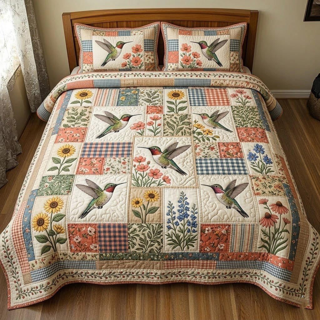 Hummingbird Garden quilted 3-piece bedding set on a made bed with two matching pillow shams