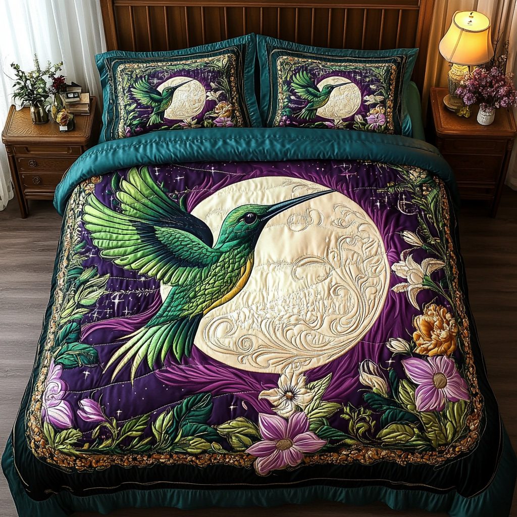 Hummingbird Glow quilted 3-piece bedding set on a made bed with two matching pillow shams