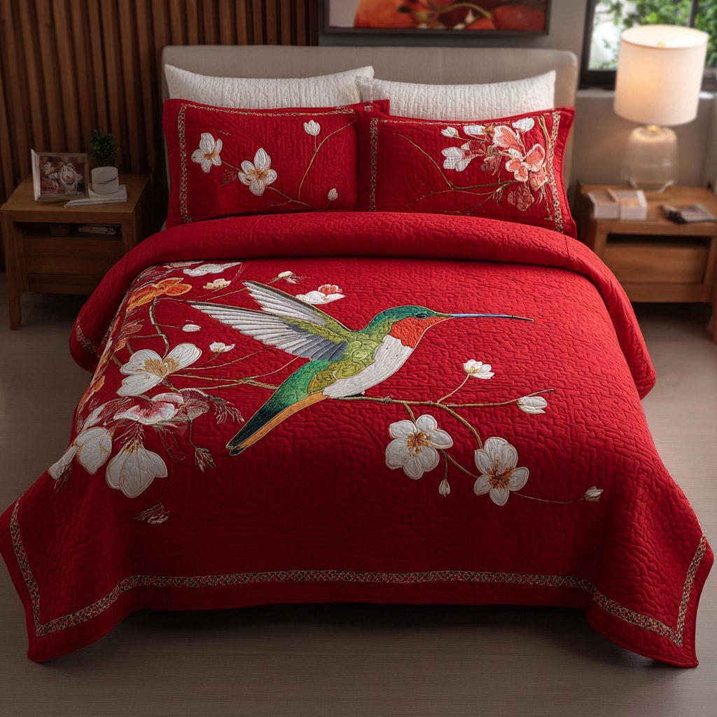 Hummingbird Grace quilted 3-piece bedding set on a made bed with two matching pillow shams