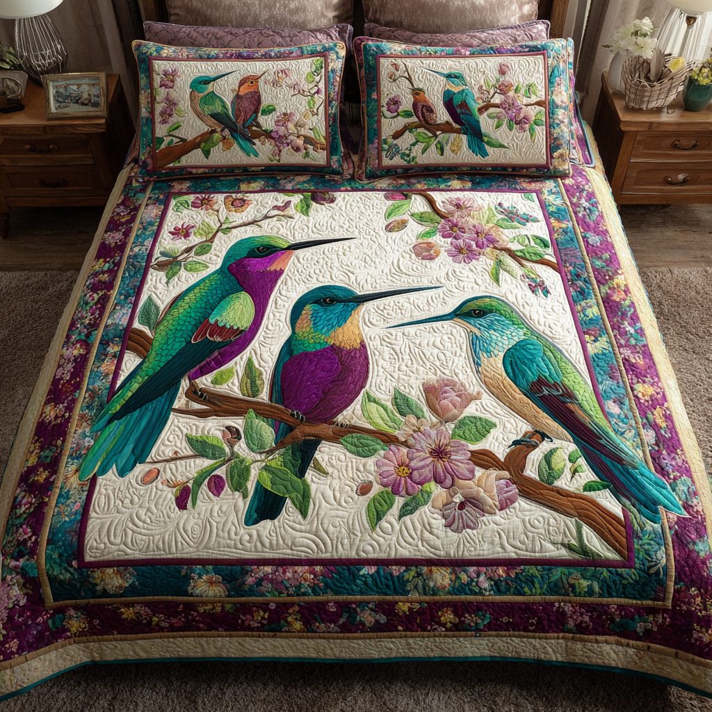 Hummingbird Harmony quilted 3-piece bedding set on a made bed with two matching pillow shams