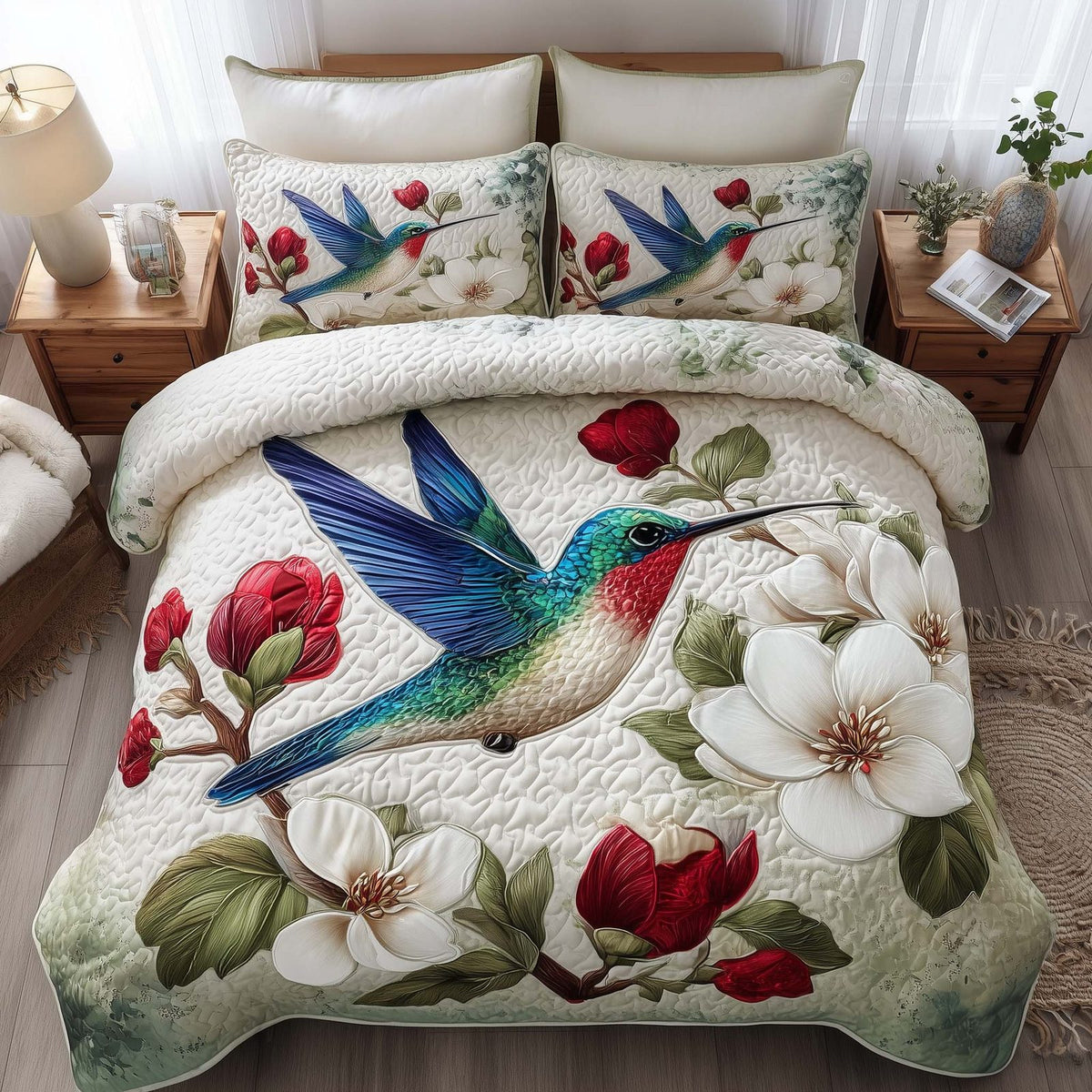 Hummingbird Haven quilted 3-piece bedding set on a made bed with two matching pillow shams