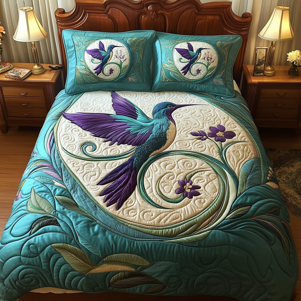 Hummingbird Haven quilted 3-piece bedding set on a made bed with two matching pillow shams