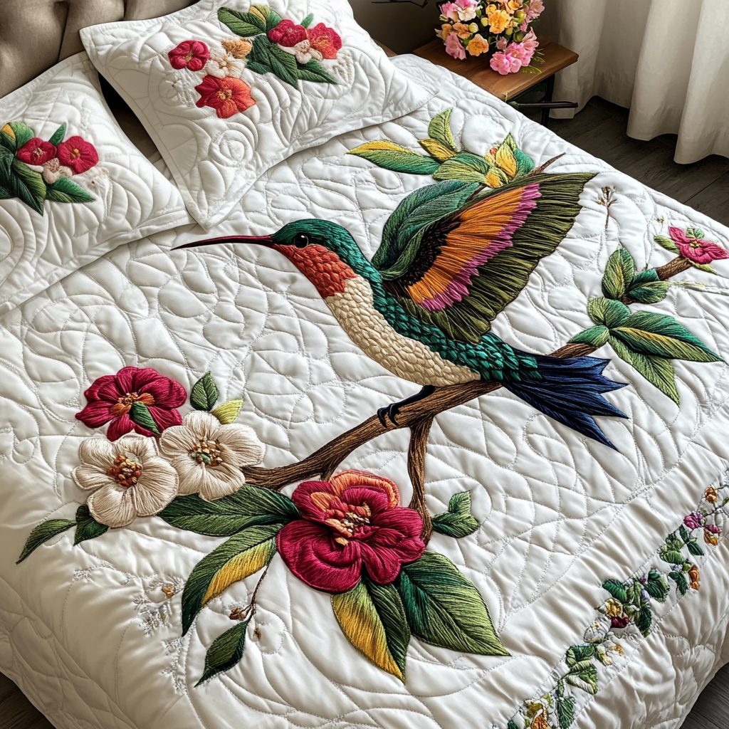 Hummingbird Haven quilted 3-piece bedding set on a made bed with two matching pillow shams