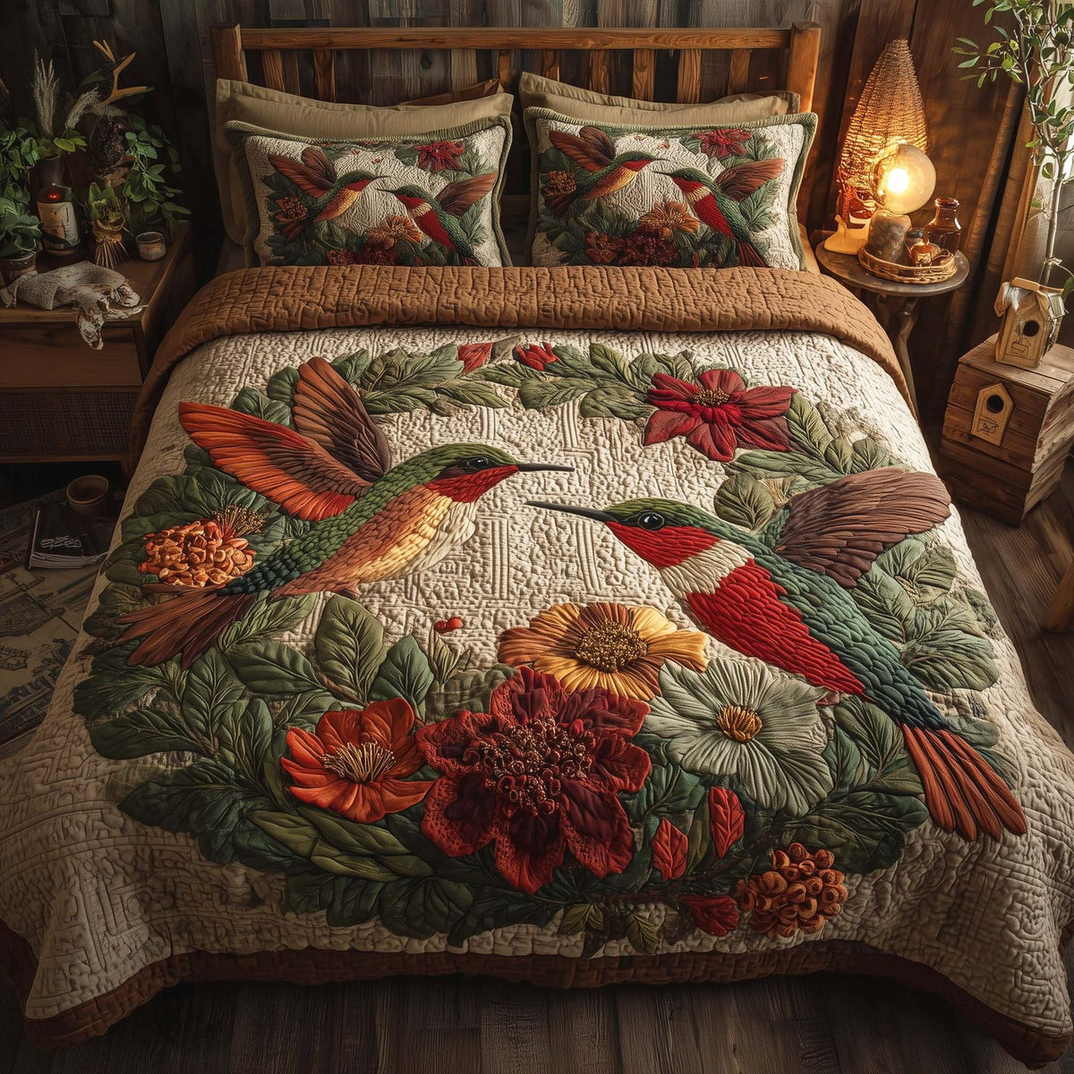 Hummingbird Heaven quilted 3-piece bedding set on a made bed in a softly lit bedroom