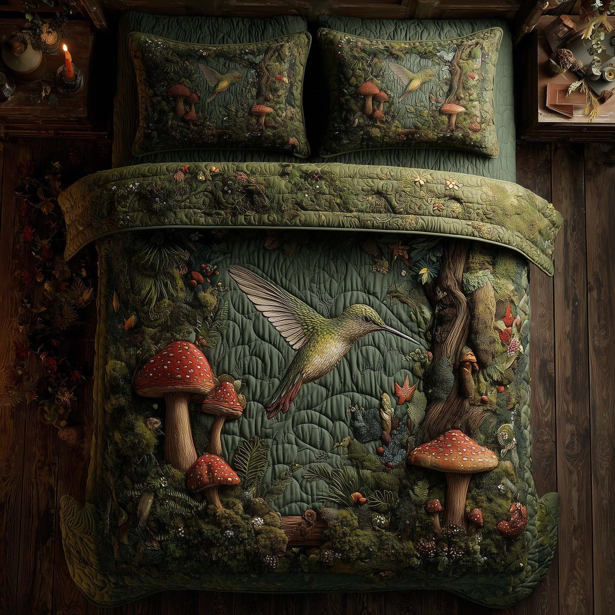 Hummingbird Heaven quilted 3-piece bedding set on a made bed in a softly lit bedroom