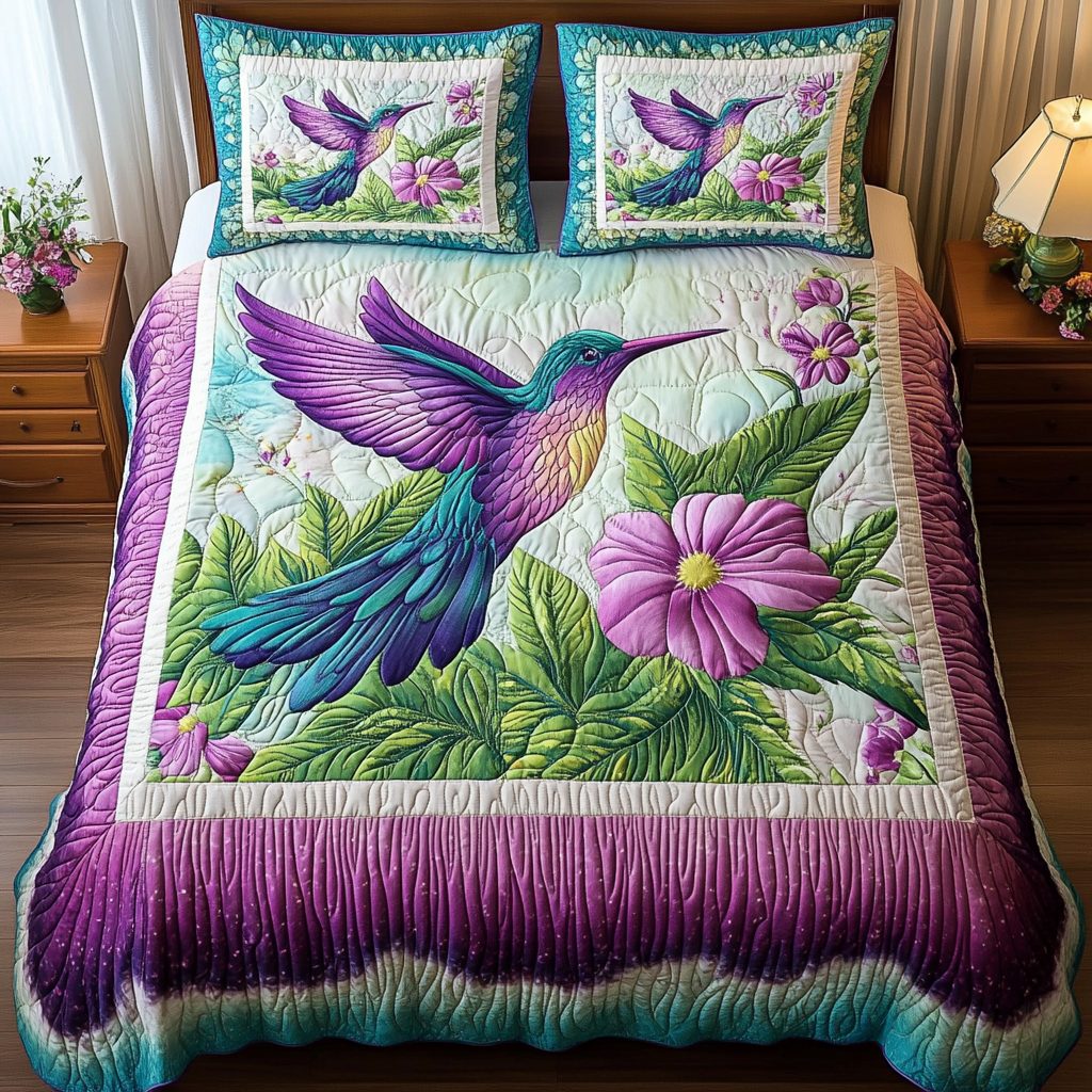 Hummingbird Joy quilted 3-piece bedding set on a made bed with two matching pillow shams