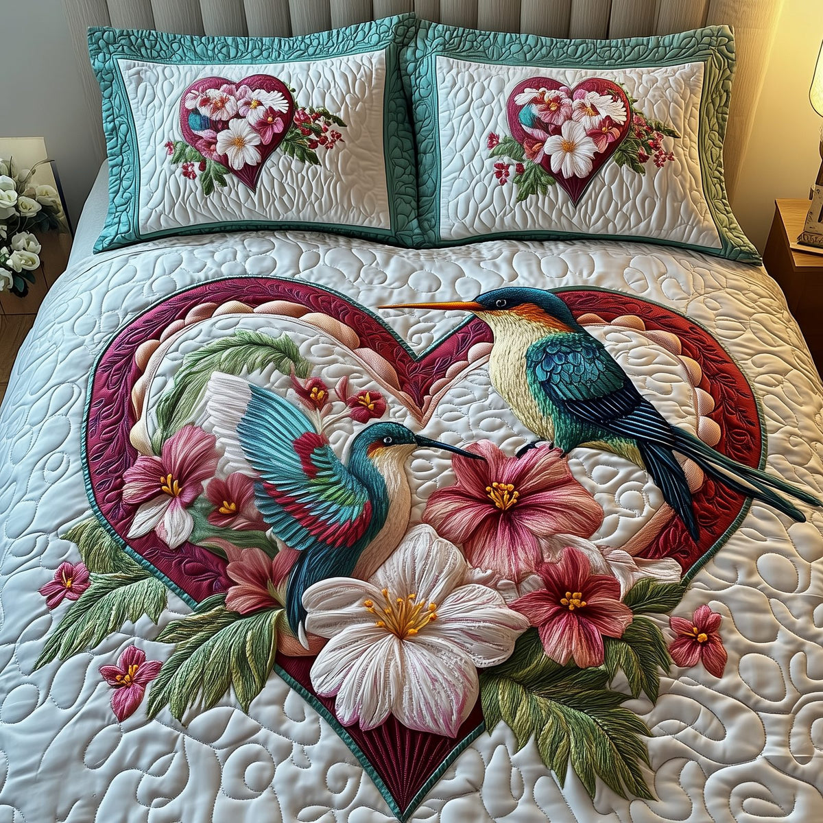 Hummingbird Love quilted 3-piece bedding set on a made bed with two matching pillow shams