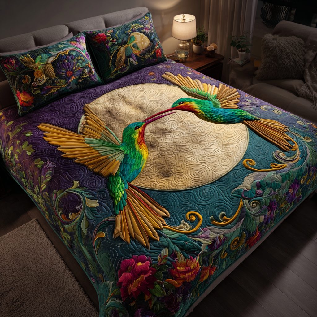 Hummingbird Magic quilted 3-piece bedding set on a made bed with two matching pillow shams