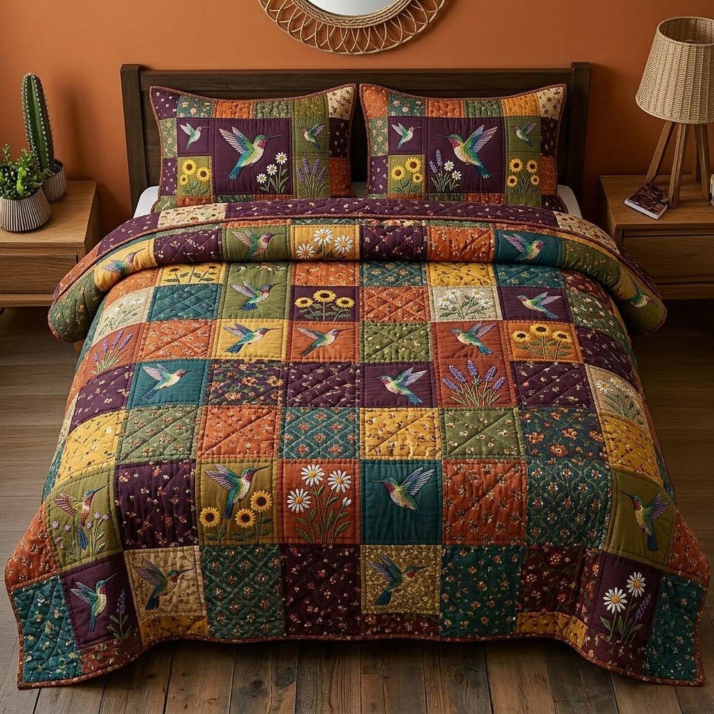 Hummingbird quilted 3-piece bedding set on a made bed with two matching pillow shams