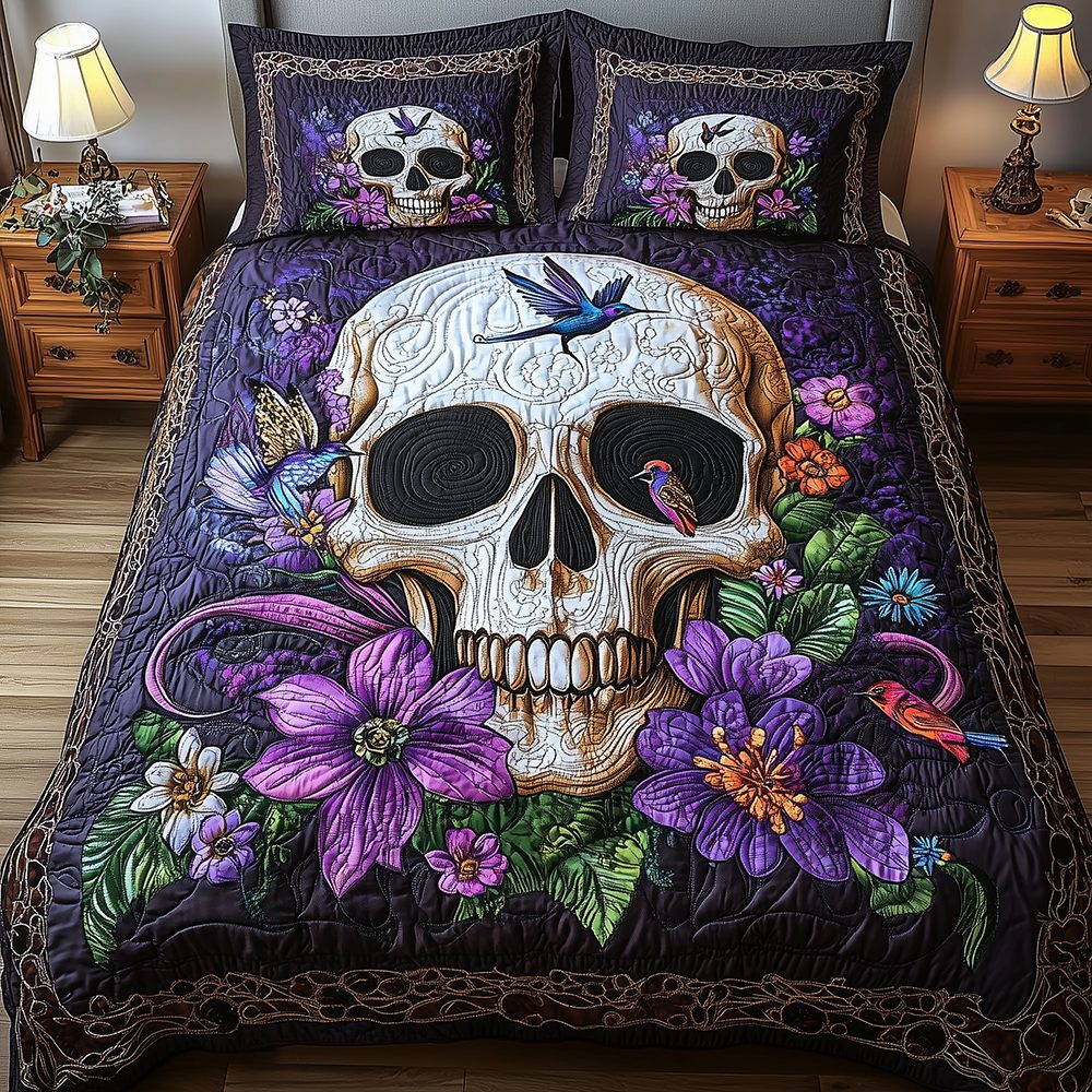 Hummingbird Skull quilted 3-piece bedding set on a made bed against a dark styled interior