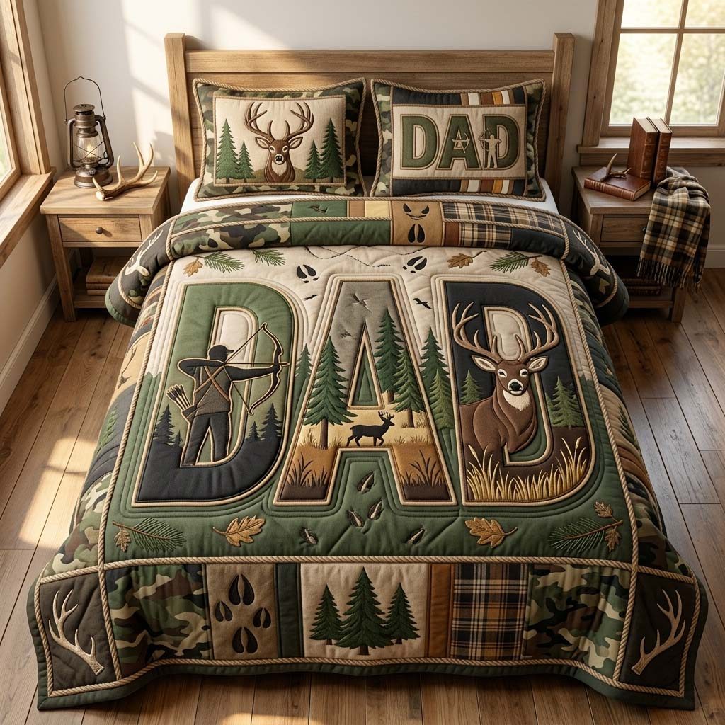 Hunter Dad Legacy quilted 3-piece bedding set on a made bed with two matching pillow shams