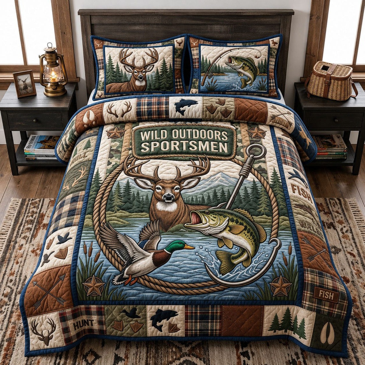 Hunting And Fishing quilted 3-piece bedding set on a made bed with two matching pillow shams
