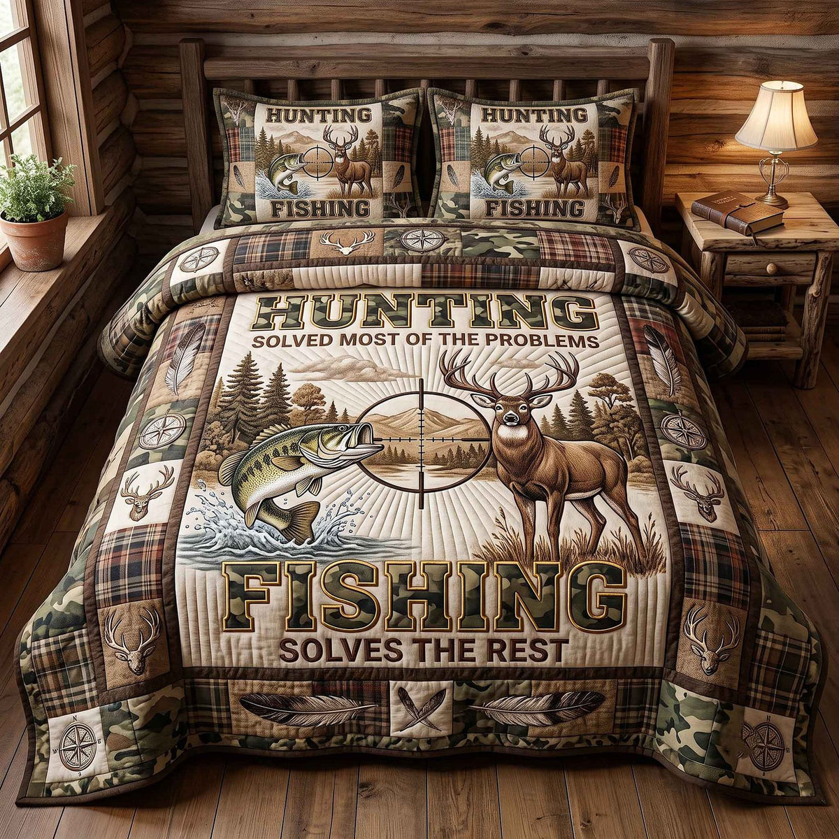 Hunting And Fishing quilted 3-piece bedding set on a made bed with two matching pillow shams