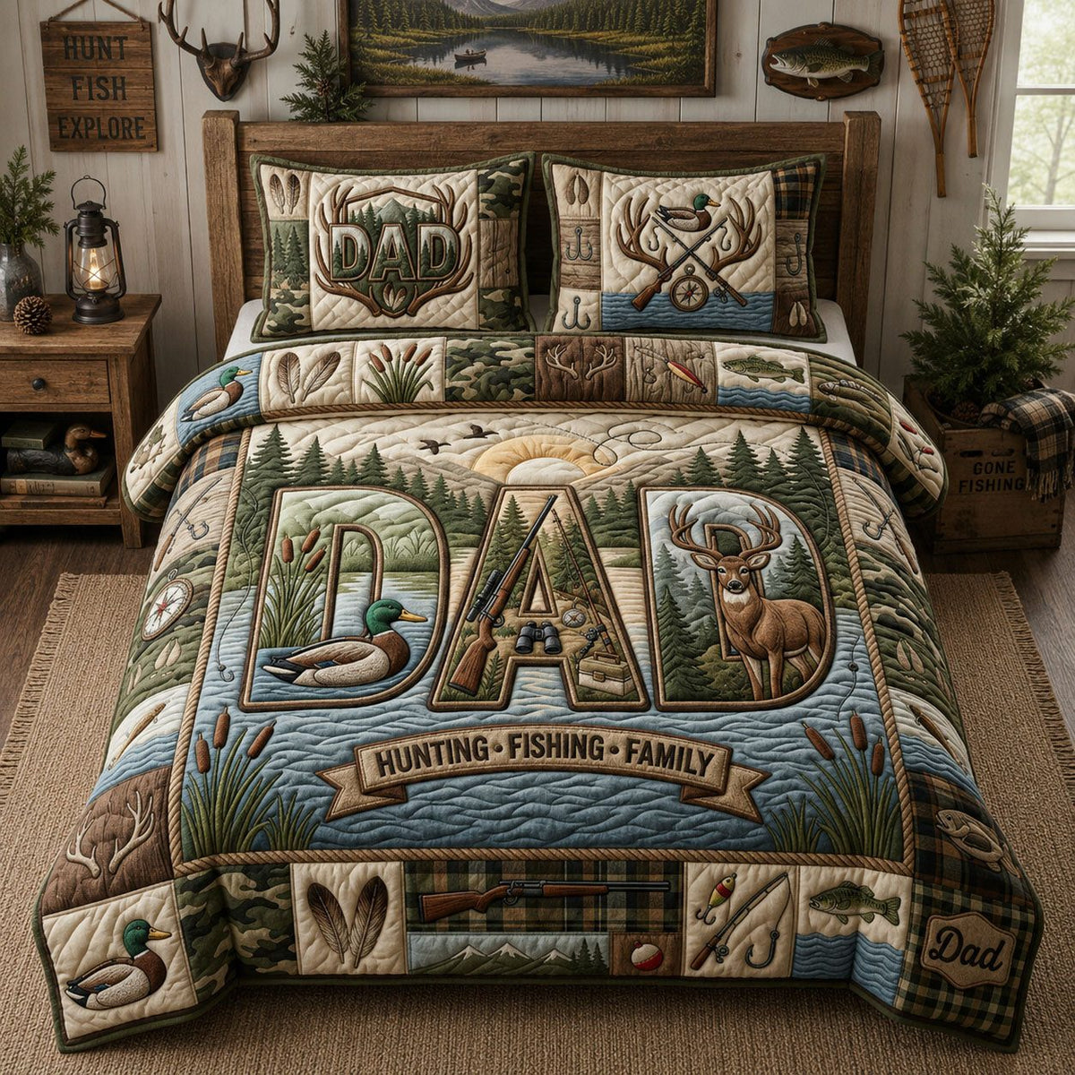 Hunting Dad Outdoors quilted 3-piece bedding set on a made bed with two matching pillow shams
