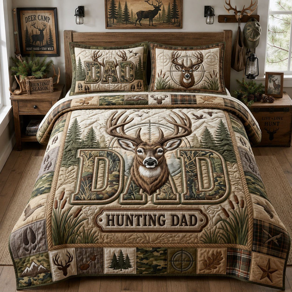 Hunting Dad quilted 3-piece bedding set on a made bed with two matching pillow shams