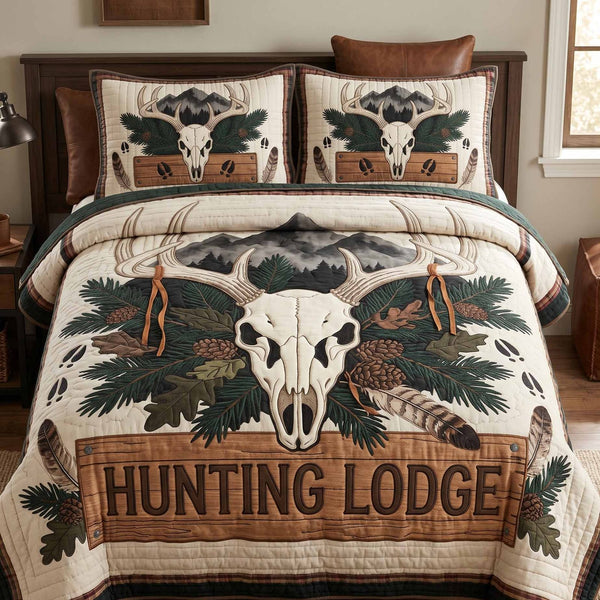Hunting Lodge quilted 3-piece bedding set on a made bed with two matching pillow shams