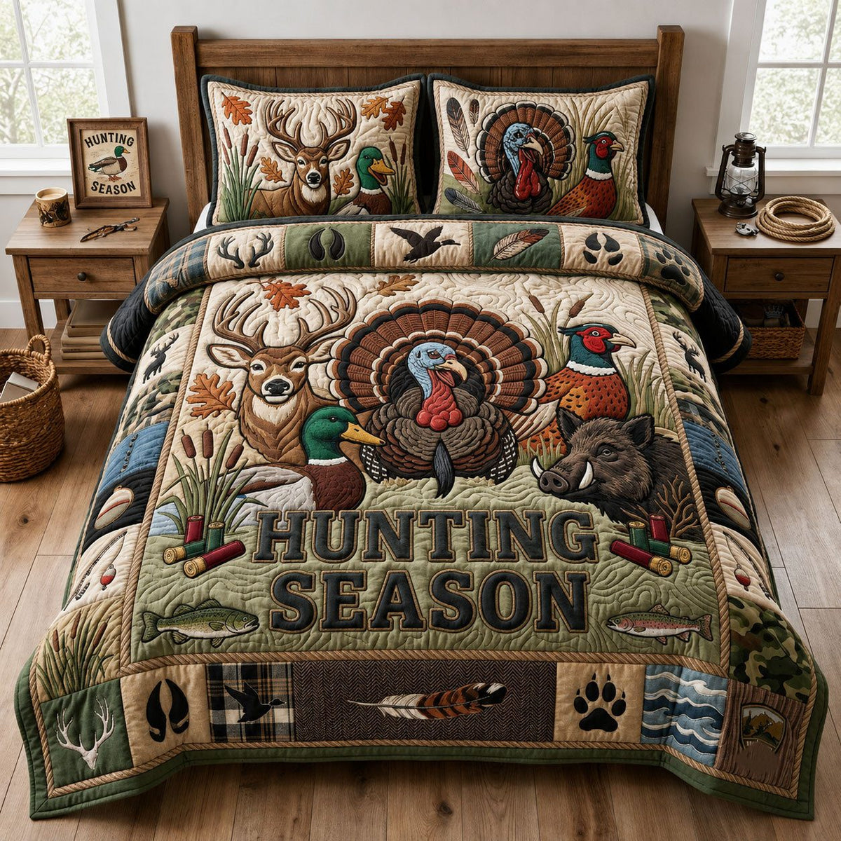 Hunting Season quilted 3-piece bedding set on a made bed with two matching pillow shams