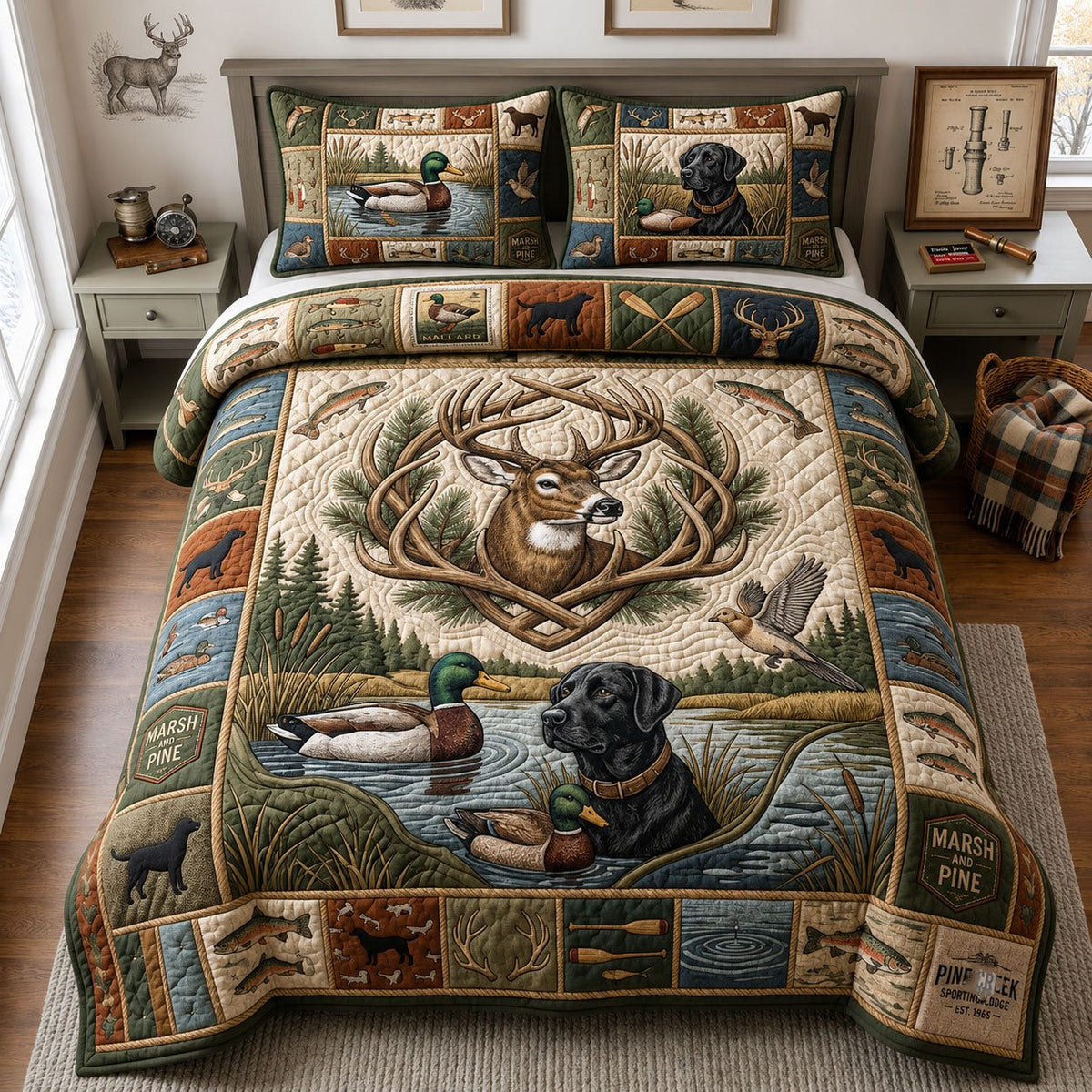 Hunting Season quilted 3-piece bedding set on a made bed with two matching pillow shams