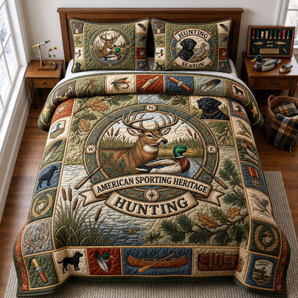 Hunting Season quilted 3-piece bedding set on a made bed with two matching pillow shams
