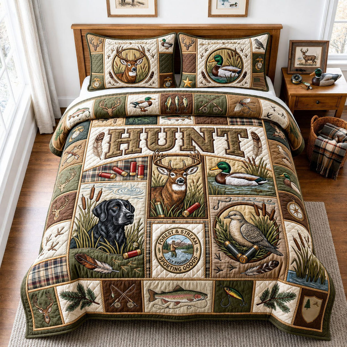 Hunting Season quilted 3-piece bedding set on a made bed with two matching pillow shams