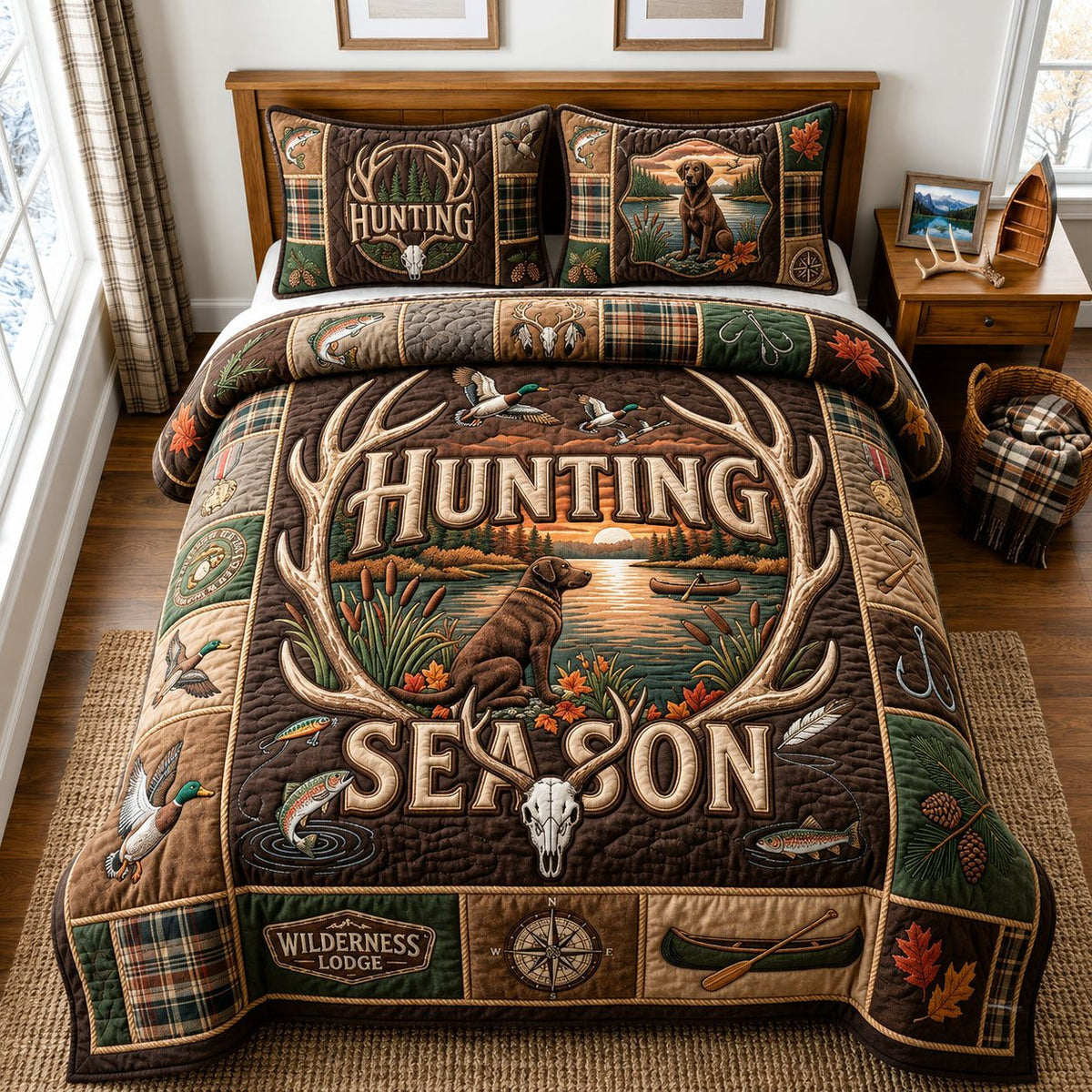 Hunting Season quilted 3-piece bedding set on a made bed with two matching pillow shams
