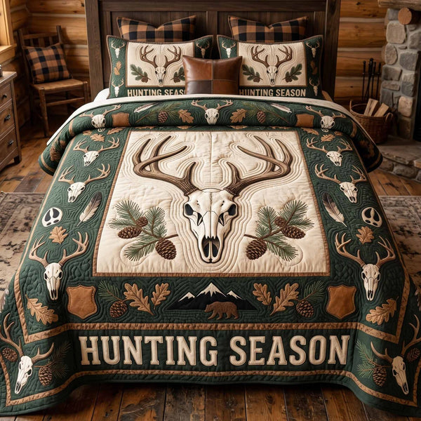 Hunting Season quilted 3-piece bedding set on a made bed with two matching pillow shams