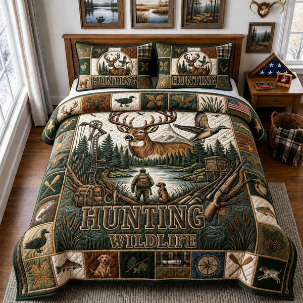 Hunting Wildlife quilted 3-piece bedding set on a made bed with two matching pillow shams