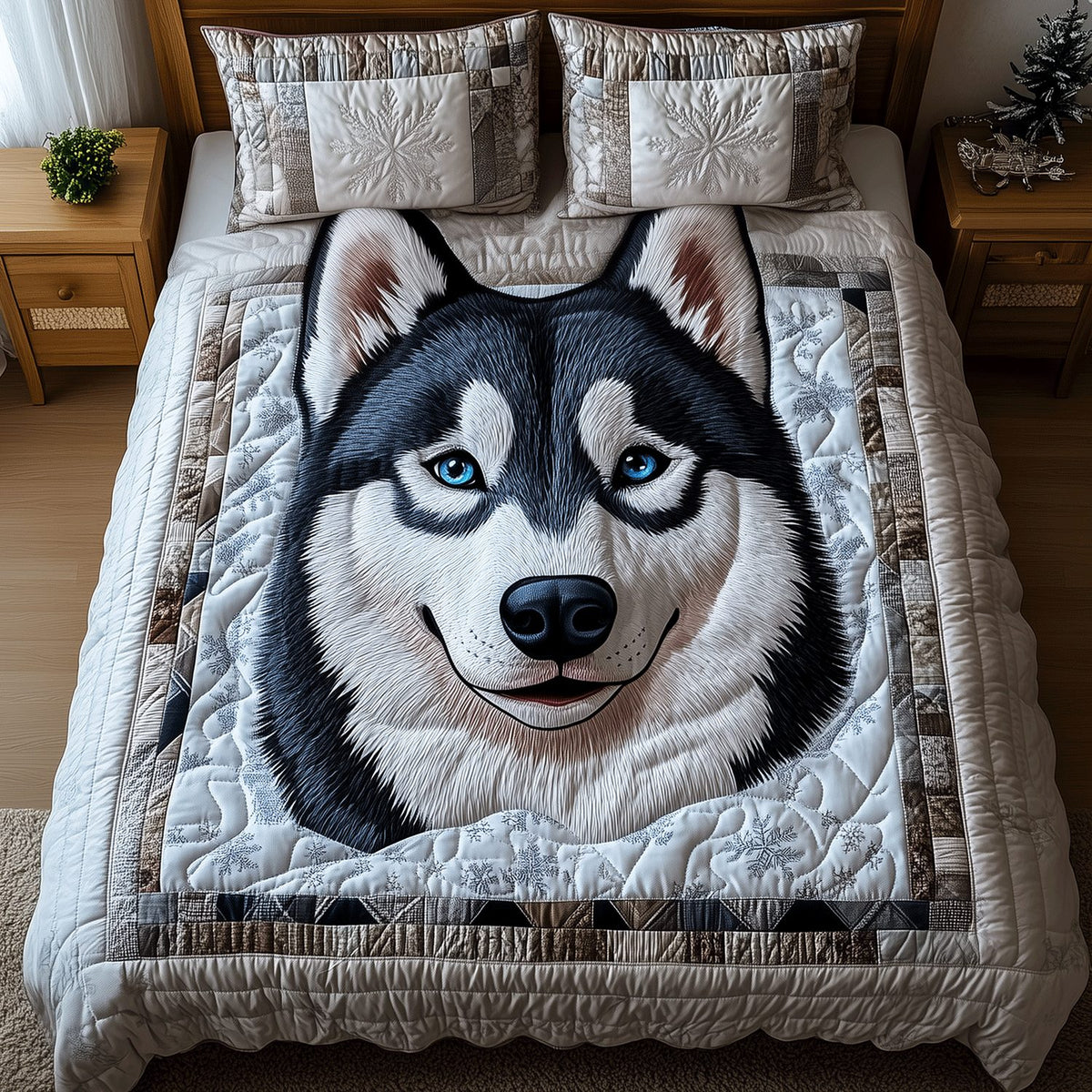 Husky Frosty Adventures quilted 3-piece bedding set on a made bed in a winter-styled bedroom