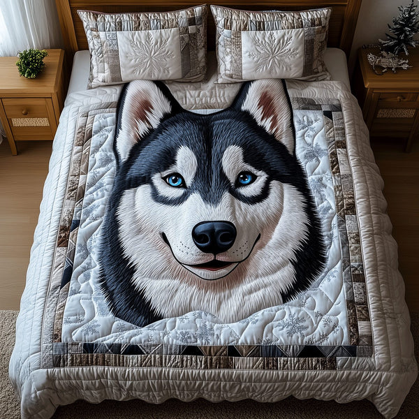 Husky Frosty Adventures quilted 3-piece bedding set on a made bed in a winter-styled bedroom