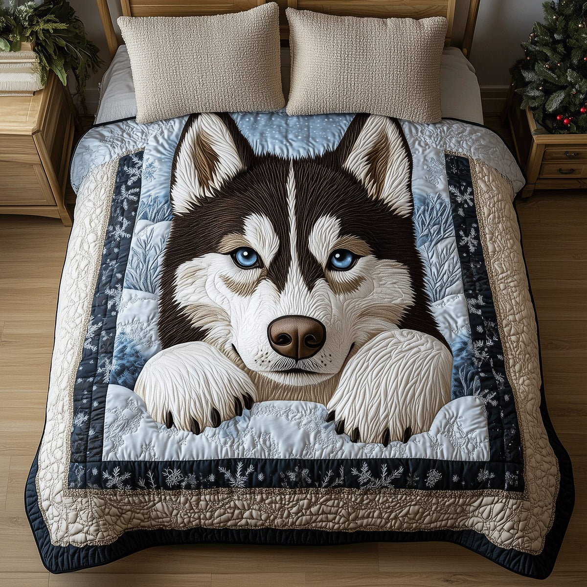 Husky in Winter quilted 3-piece bedding set on a made bed in a winter-styled bedroom