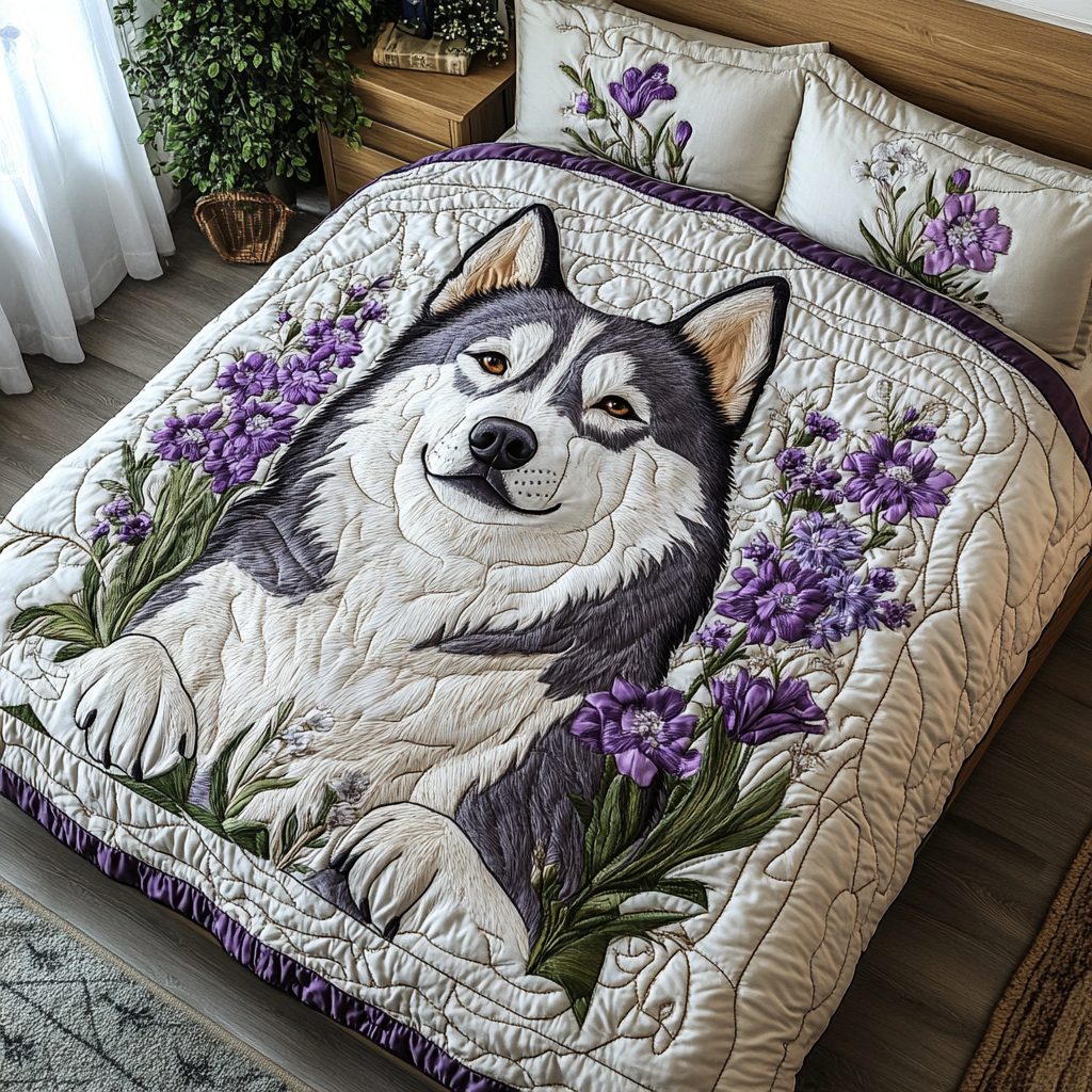 Husky Vibes quilted 3-piece bedding set on a made bed with two matching pillow shams