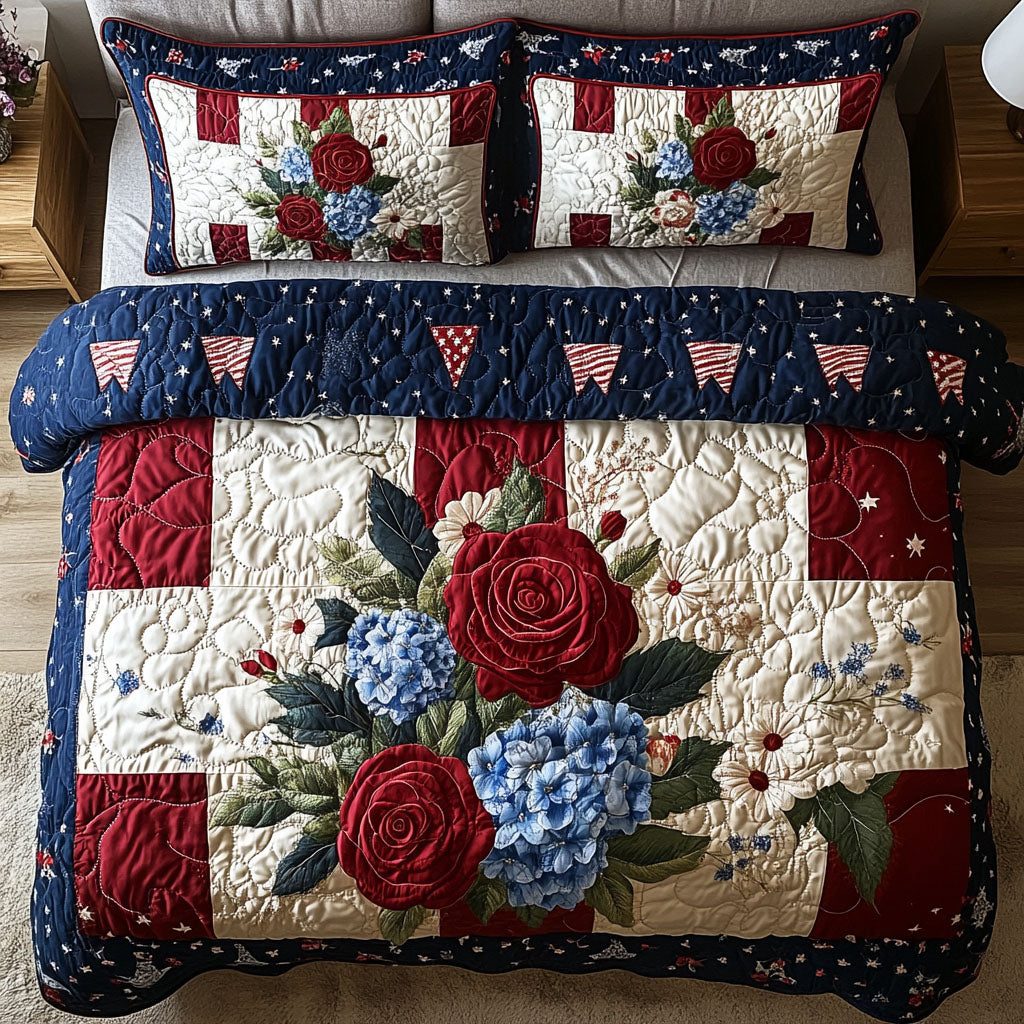 Hydrangea and Rose Haven quilted 3-piece bedding set on a made bed with two matching pillow shams