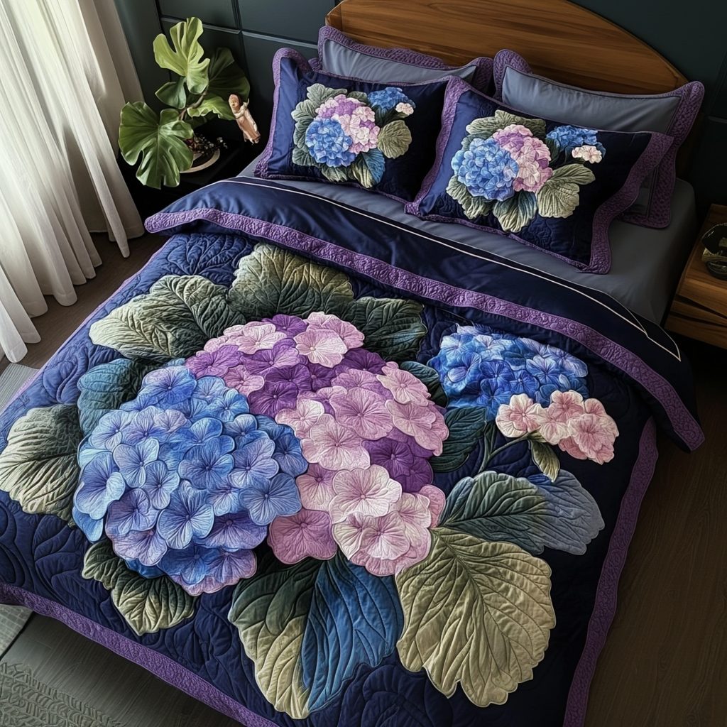 Hydrangea Bloom quilted 3-piece bedding set on a made bed with two matching pillow shams