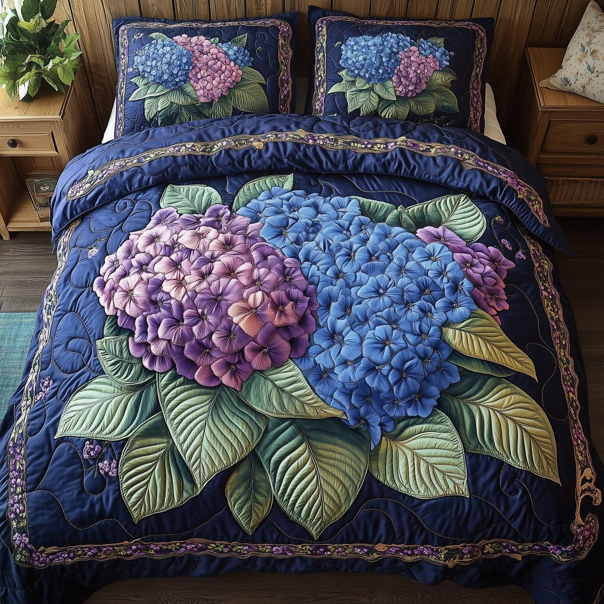 Hydrangea Floral Bliss quilted 3-piece bedding set on a made bed with two matching pillow shams