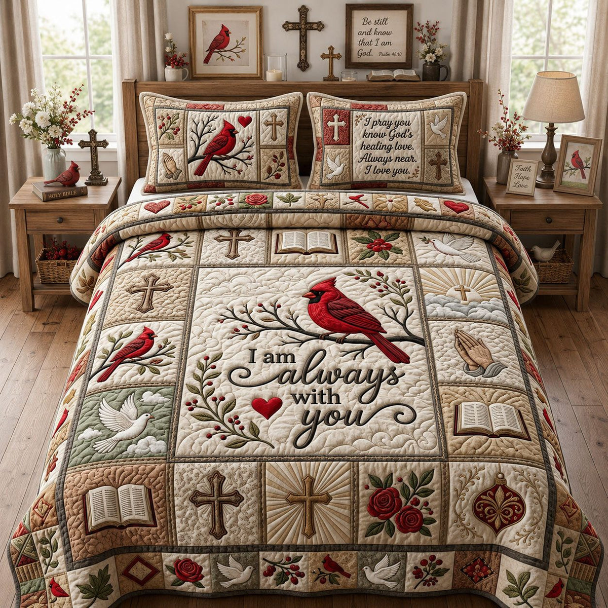 I Am Always With You quilted 3-piece bedding set on a made bed with two matching pillow shams