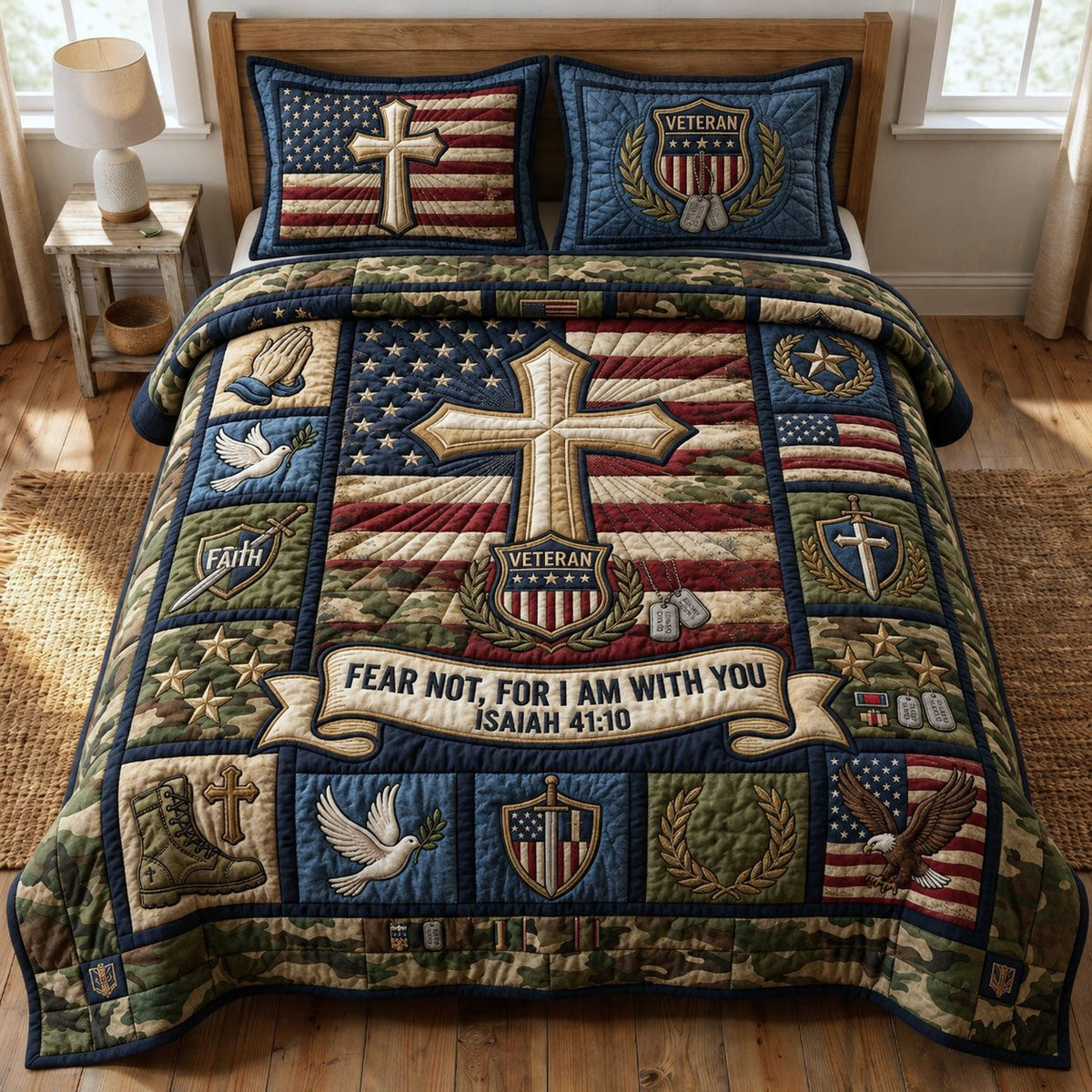 I Am With You quilted 3-piece bedding set on a made bed with two matching pillow shams