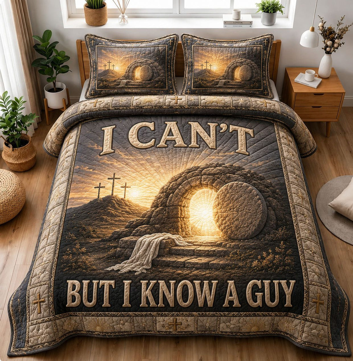 I Can’t But I Know A Guy quilted 3-piece bedding set on a made bed with two matching pillow shams