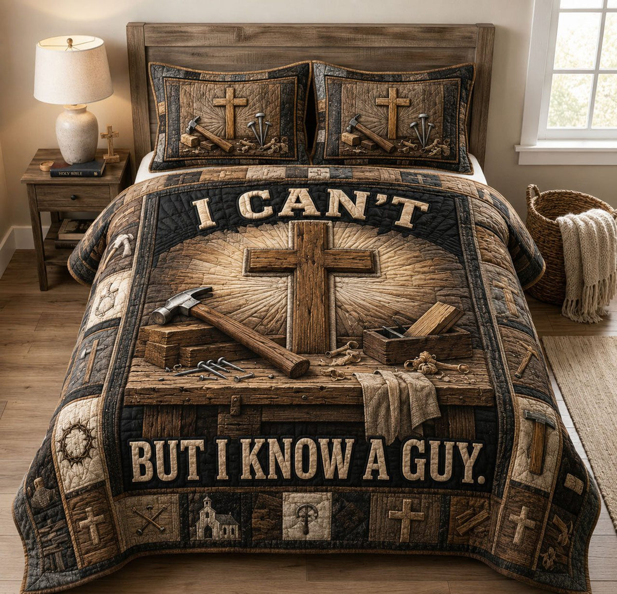 I Can’t But I Know A Guy quilted 3-piece bedding set on a made bed with two matching pillow shams