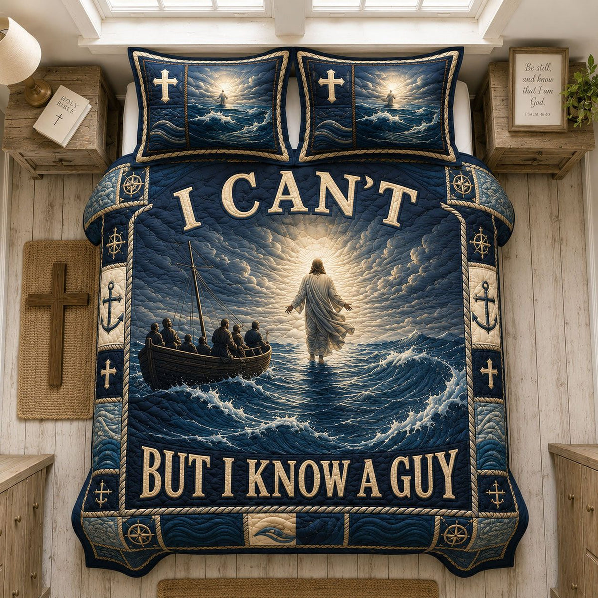 I Can’t But I Know A Guy quilted 3-piece bedding set on a made bed with two matching pillow shams