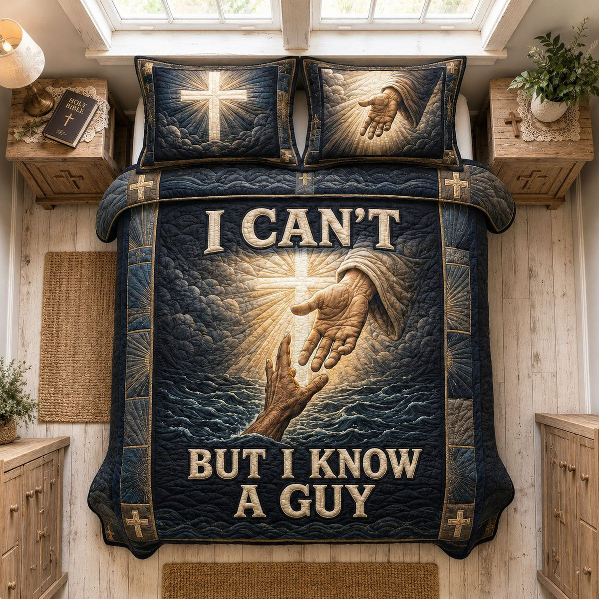 I Can’t But I Know A Guy quilted 3-piece bedding set on a made bed with two matching pillow shams