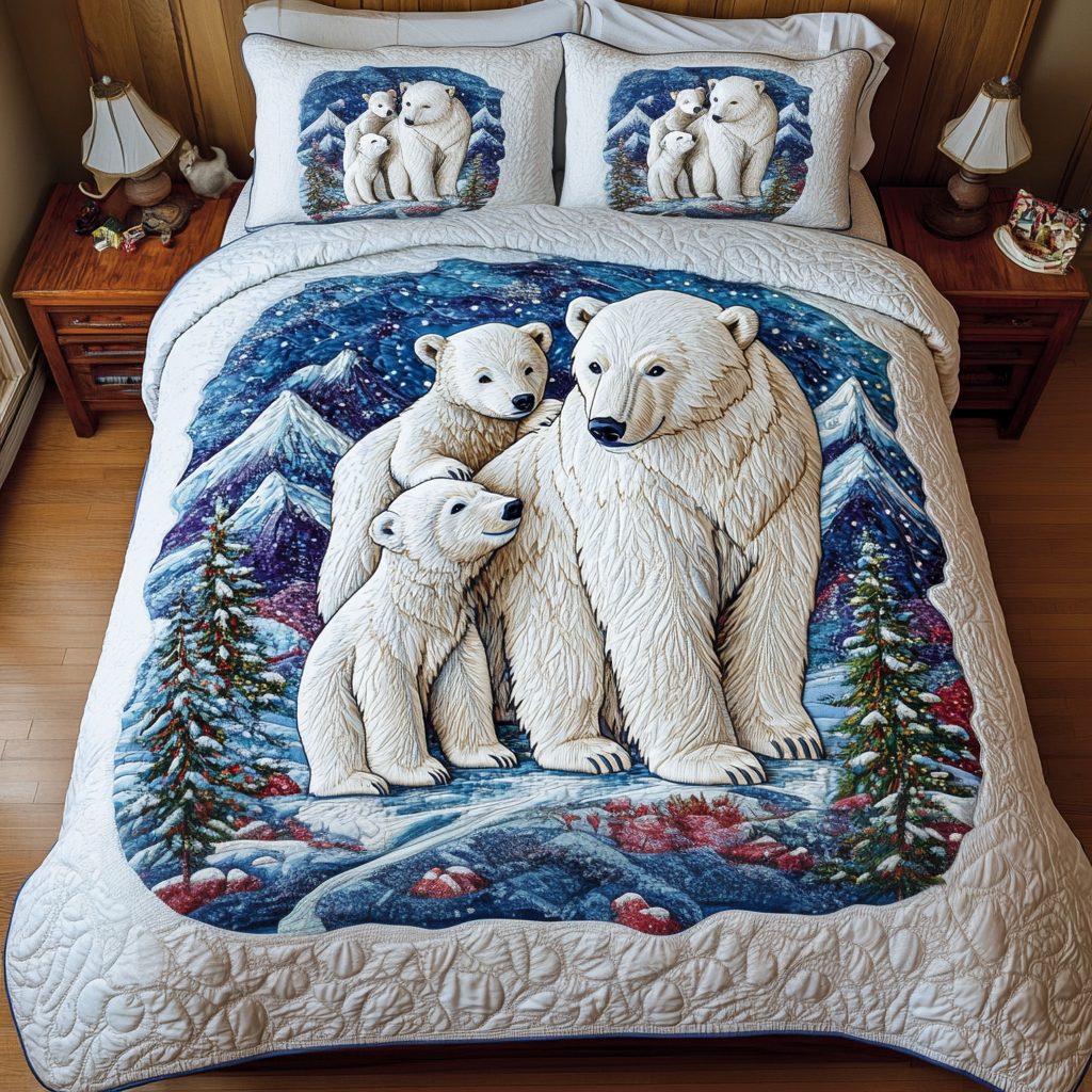 Icebound Bears quilted 3-piece bedding set on a made bed with two matching pillow shams