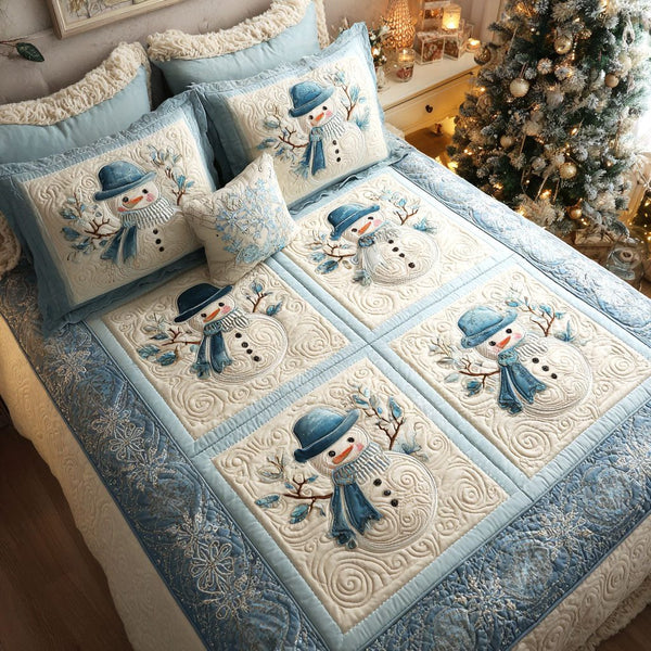 Icy Delight quilted 3-piece bedding set on a made bed in a winter-styled bedroom